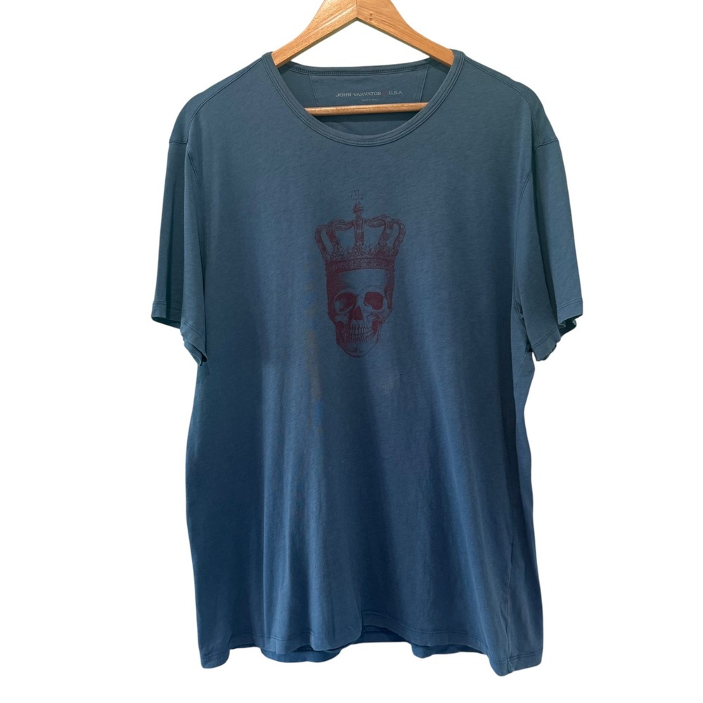 John Varvatos USA Mens Blue Crowned Skull Graphic T-Shirt Size L Distressed
